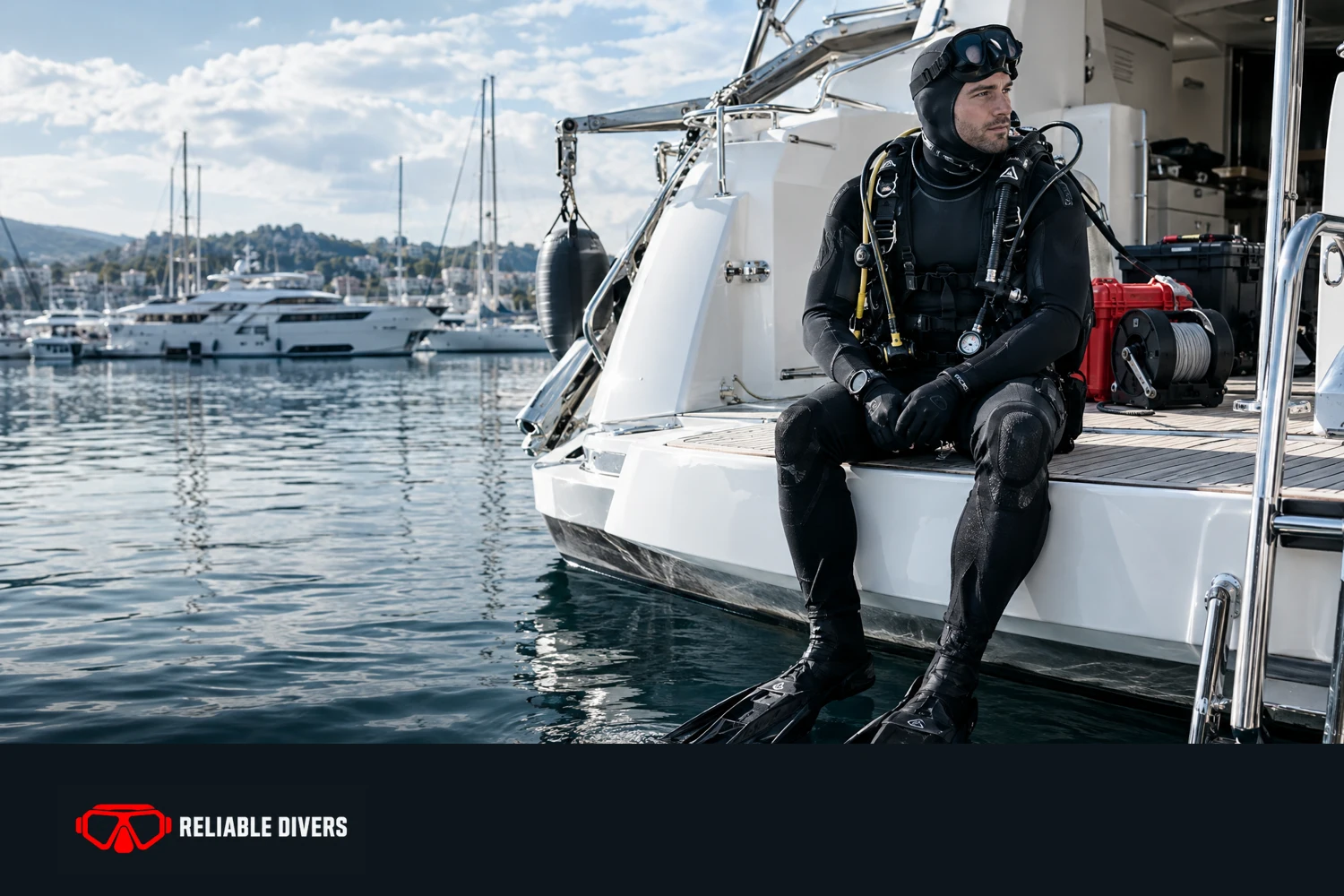 Illustrative diver preparing beside a yacht